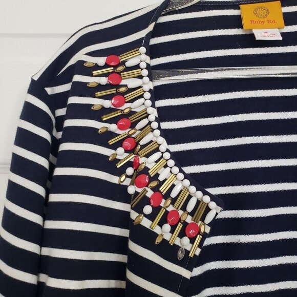 Ruby Rd Beaded Stripe Cardigan Nautical Preppy Cotton Open Front Womens Size XL - Picture 2 of 10